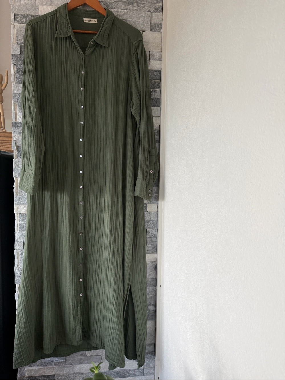 Women NATURAL LIFE Cotton Button Up Shirt Dress-Olive Green-XL
